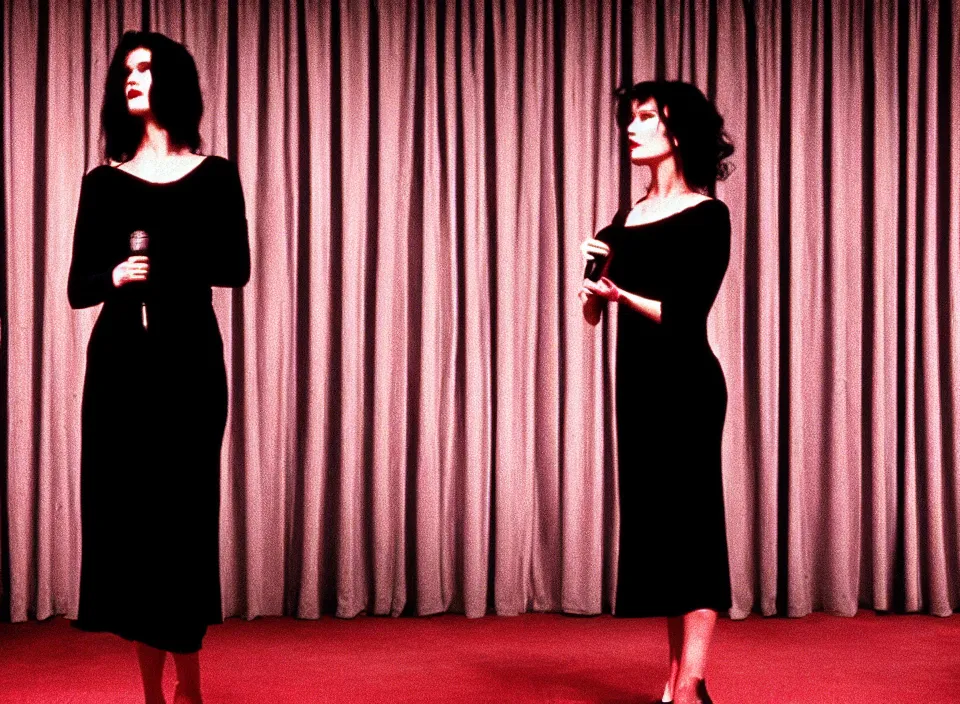 Prompt: A film still of a pretty woman dressed in a thin black dress singing on a stage in front of red curtains from mulholland drive by david lynch and annie leibovitz, backlighting, worm\'s eye view