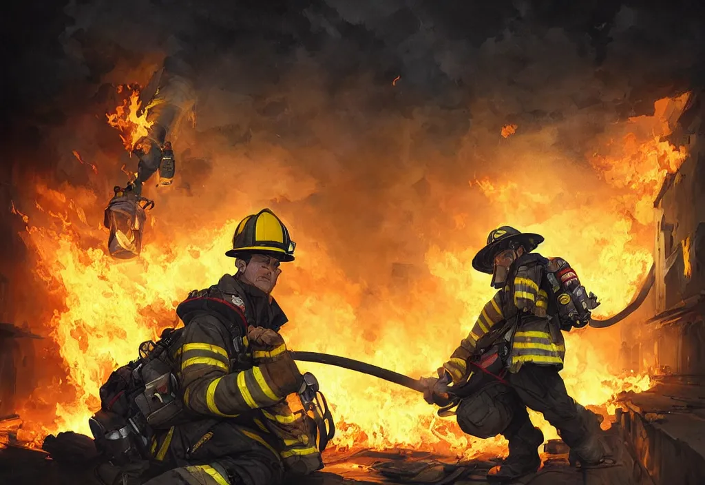 Image similar to one heroic firefighter in action in black and yellow uniform, fire flames, sharp details, sharp focus, photorealistic, octane, hyper detailed, trending on deviantart, illustration, by jordan grimmer and greg rutkowski and pine ( ハイネ ), intricate