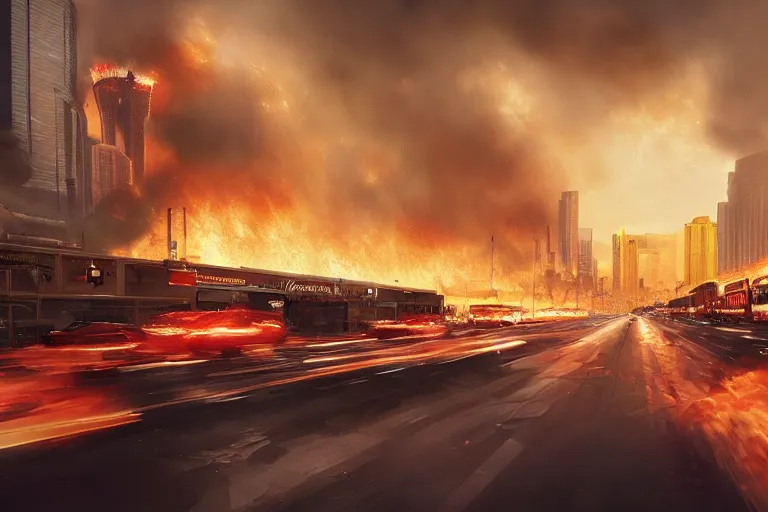 Prompt: a fire tornado going through the las vegas strip, matte painting, long shot, concept art, wide shot, digital art, trending on artstation, 4 k, extremely detailed, realistic, midday, warm colors, golden sunlight, by greg rutkowski, cinematic, epic