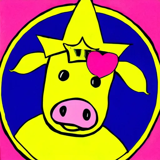 Image similar to illustration pig wearing a simple gold crown in the style of peter max