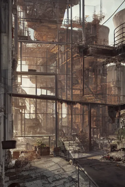 Prompt: an open - lan loft apartment with a panoramic view of a grim industrial landscape of cooling towers and rusted silos. inside, the apartment is fancy but filled with mess. extreme detail, artstation trending, artgerm, deviant art, octane, substance, art history 8 k