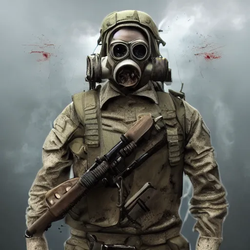 Image similar to military zombie with pig face in gasmask, details face, photo, bloody eyes, unreal engine, digital, artstation, detailed body, heavenly atmosphere, digital art, overdetailed art, trending on artstation, cgstudio, the most beautiful image ever created, dramatic, award winning artwork, beautiful scenery