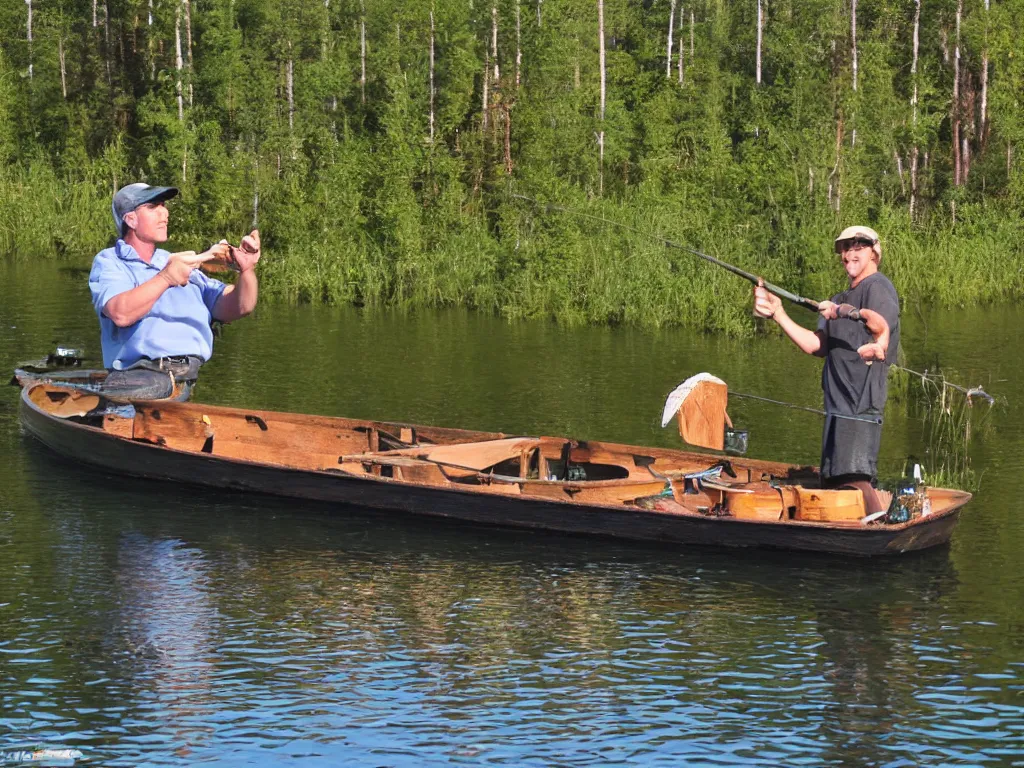Image similar to disney's goofy fishing with rod from old wooden rowboat on a finnish lake