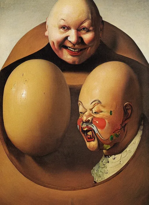 Prompt: full body detailed painting of silly round humpty dumpty with jack black facial expression, realistic, pieter brueghel