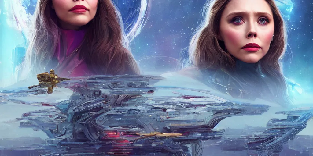 Image similar to Elizabeth Olsen as a stunning , beautiful retro SCI-FI space heroine 1985 , movie poster, intricate, elegant, highly detailed, centered, digital painting, trending on artstation, concept art, smooth, sharp focus, illustration, art by raphael lacoste ,eddie mendoza ,alex ross, WLOP