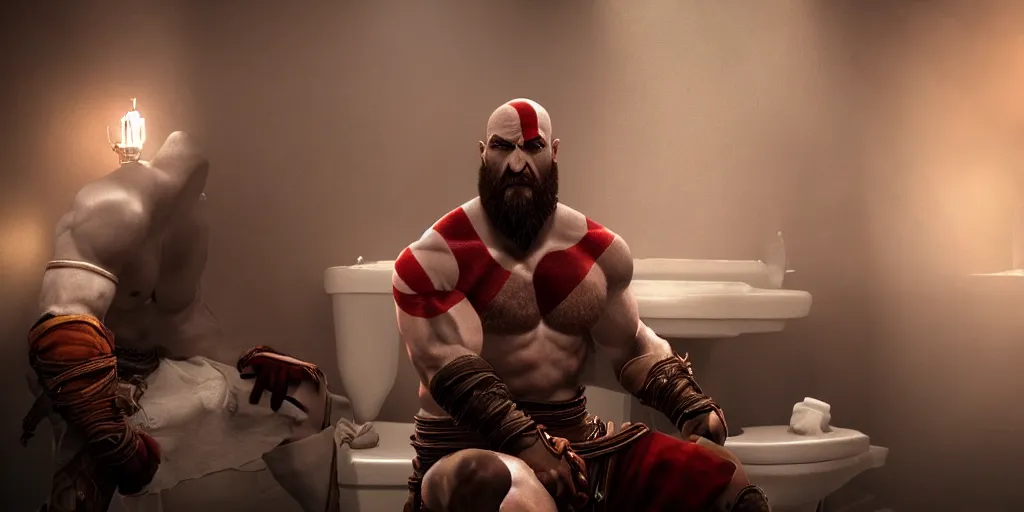 Image similar to kratos the god of war sitting on a modern toilet, cinematic composition and lighting