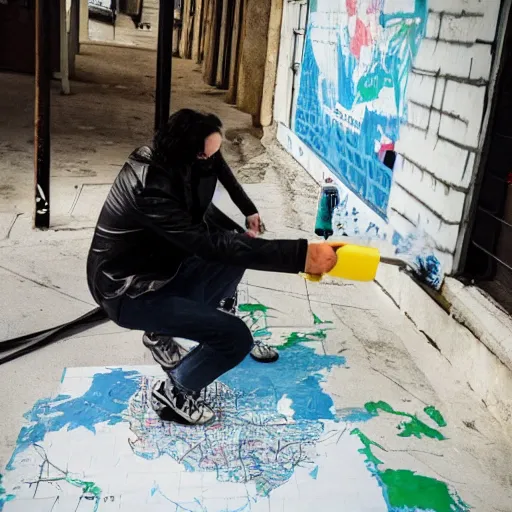 Prompt: jack white spraying graffiti over a map of yugoslavia