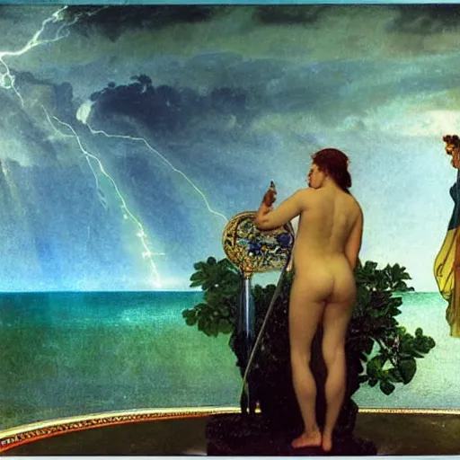 Prompt: The queen's throne, refracted sparkles, thunderstorm, greek pool, beach and Tropical vegetation on the background major arcana sky, by paul delaroche, alphonse mucha and arnold böcklin, hyperrealistic symmetrical 8k, award-winning, very very very detailed