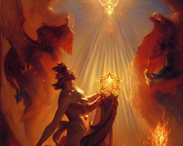 Image similar to attractive male deity, casting demonic magic, summoning handsome lucifer morning star. highly detailed painting by gaston bussiere, craig mullins, j. c. leyendecker 8 k