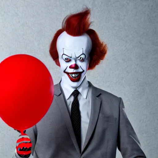 Prompt: Pennywise the clown wearing a business suit and holding a banknote in his hands, full body shot