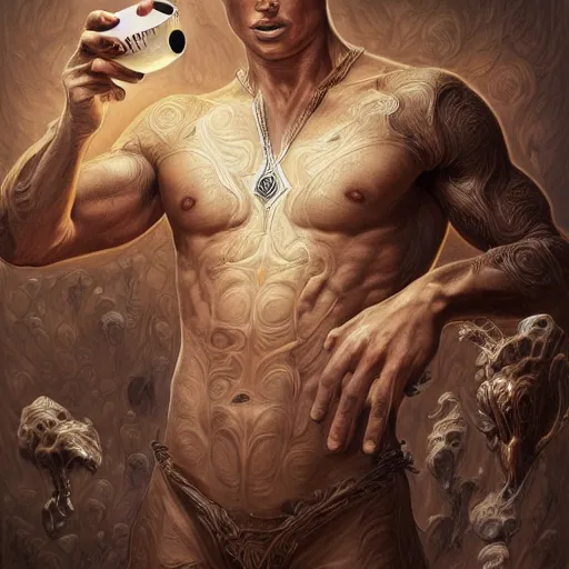 Image similar to christiano ronaldo drinking chocolate milk, intricate, elegant, highly detailed, centered, digital painting, artstation, concept art, smooth, sharp focus, illustration, artgerm, tomasz alen kopera, peter mohrbacher, donato giancola, joseph christian leyendecker, wlop, boris vallejo