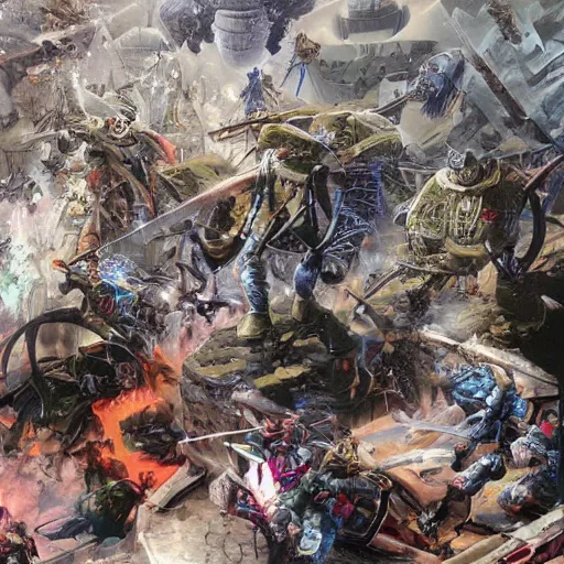 Prompt: Astartes Space Marines fight against space orcs in an epic battle, Super detailed painting, futuristic style, 4K