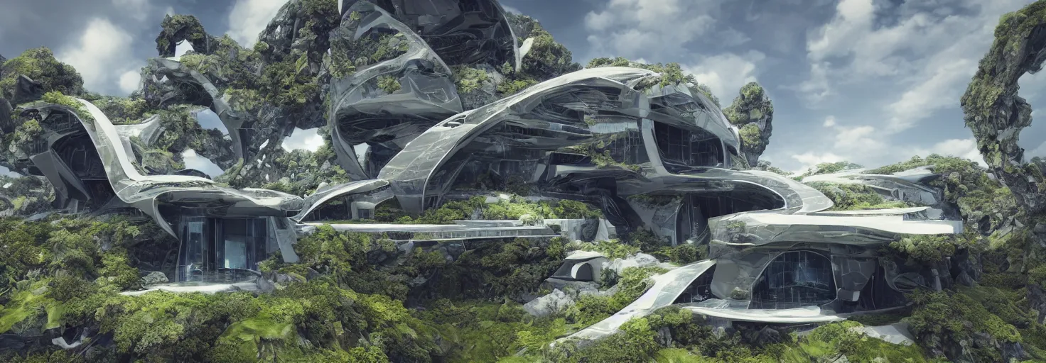 Image similar to a large futuristic house in the middle of a fractal landscape : octane render : unreal engine : 3 d fractal : digital 3 d : concept art : fractal : procedural : landscape