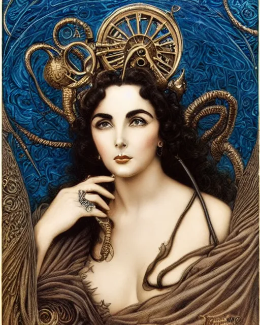 Image similar to in the style of beautiful elizabeth taylor, steampunk, detailed and intricate by jean delville, gustave dore and marco mazzoni, art nouveau, visionary, gothic, pre - raphaelite