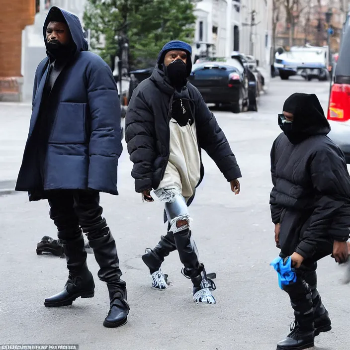 Prompt: kanye west using a full face covering black mask, a blue round puffer jacket made of nylon and big black rubber boots,