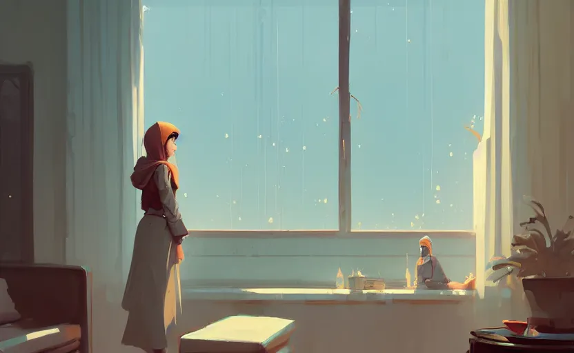 Image similar to female ottoman princess standing near the window by atey ghailan, by greg rutkowski, by simon stalenhag, by greg tocchini, by james gilleard, by joe fenton, by kaethe butcher dynamic lighting, gradient light blue, brown, blonde cream and white color scheme, grunge aesthetic