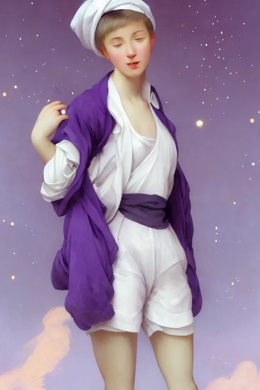 Image similar to Full View girl with short blond hair wearing an oversized purple Beret, Baggy Purple overall shorts, Short Puffy pants made of silk, silk shoes, a big billowy scarf, Golden Ribbon, and white leggings Covered in stars. Short Hair. masterpiece 4k digital illustration by Ruan Jia and Mandy Jurgens and Artgerm and william-adolphe bouguereau, award winning, Artstation, art nouveau aesthetic, Alphonse Mucha background, intricate details, realistic, panoramic view, Hyperdetailed, 8k resolution, intricate art nouveau