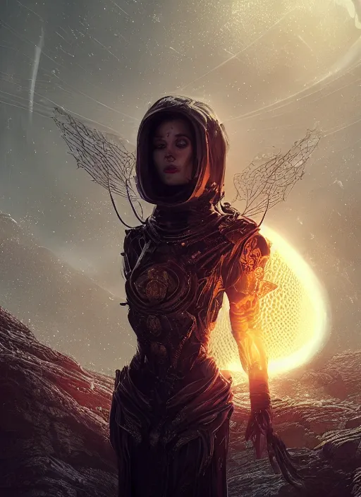 Image similar to portrait, queen of death, glowing halo, mandala, bokeh on background, dramatic lighting, cinematic, establishing shot, extremly high detail, foto realistic, cinematic lighting, post processed, concept art, artstation, matte painting, style by eddie mendoza, raphael lacoste, alex ross. 3d. octane render