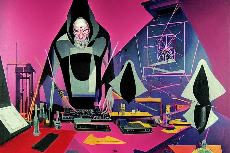 Prompt: a highly detailed beautiful masterpiece painting of a technomancer wizard in dazzle camouflage robes with pointed hood tampering with the world engine in his laboratory near a computer by Remedios Varo and Anato Finnstark and Greg Rutkowski and Andy Warhol and Francis Picabia, dayglo pink, dayglo blue, prismatic, pearlescent white, raven black, glowing, hyperrealism, 8k, trending on ArtStation