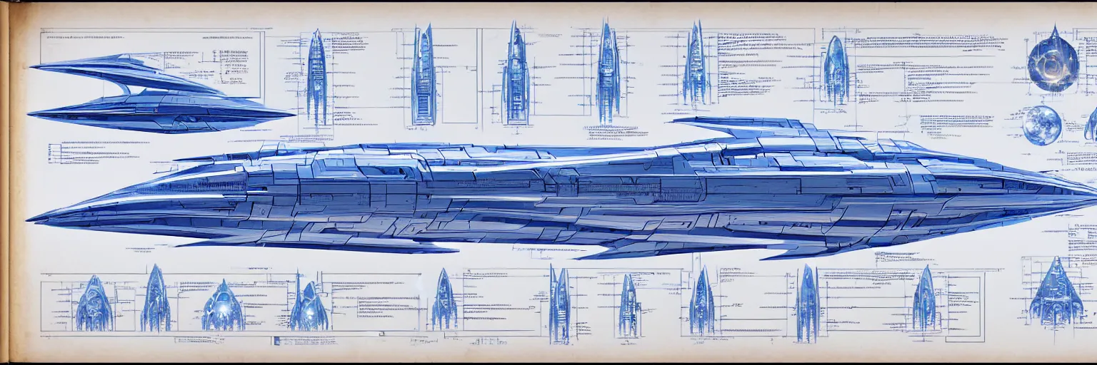 Image similar to blueprint for a sentient starship, technical drawing with annotations and notes in the margins, algorithms and physics equations, concept design by peter mohrbacher and craig mullins and hiroshi yoshida and james jean and frank frazetta and michael whelan and andreas rocha