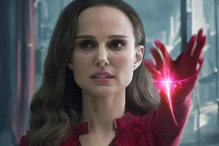 Prompt: film still of Natalie Portman as Wanda Maximoff Scarlett Witch in Multiverse of Madness, 4k