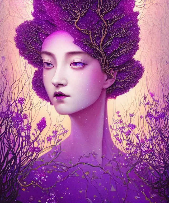 Prompt: ultra detailed, magical realism, portrait painting, of the beautiful empress within the enchanted purple forest, glowing purple, volumetric lighting, depth of field, illusion, intricate details, by victo ngai