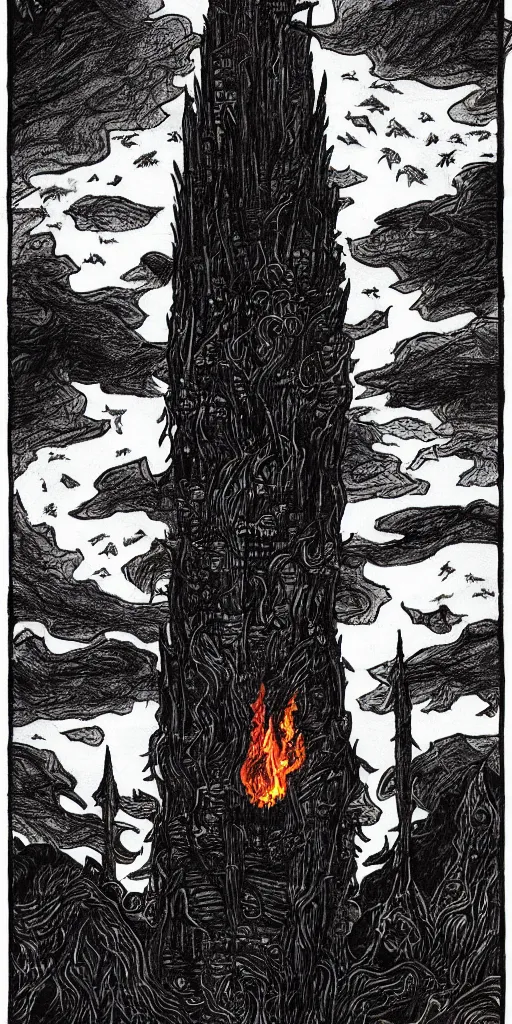 Image similar to a dark tower on fire upon a hill surrounded by a dark forest , high fantasy, drawn by Kentaro Miura, Tarot card, tarot card the tower