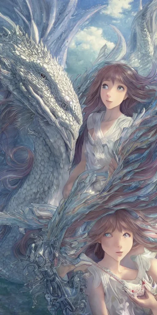 Image similar to the beautiful hyper detailed scene render that a lonely beautiful girl lies in the arms of a huge silver white dragon alone in fairyland surrounded by white clouds, finely detailed angelic face delicate features, style of studio ghibli, makoto shinkai, raphael lacoste, louis comfort tiffany, artgerm, james jean, ross tran, animation style, hd, ultra wide angle