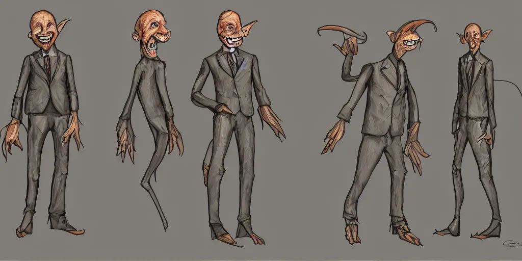 Image similar to Full body goblin, ripped suit, grinning, smile, concept sheet