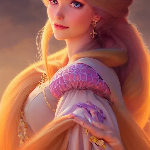 Image similar to princess rapunzel, D&D, fantasy, intricate, elegant, highly detailed, digital painting, artstation, concept art, matte, sharp focus, illustration, art by Artgerm and Greg Rutkowski and Alphonse Mucha