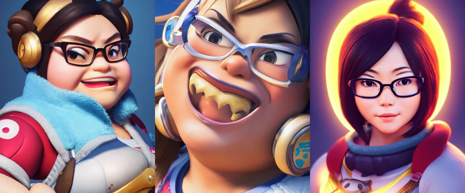 Prompt: hyperdetailed waist-up portrait of mei from overwatch as a disney pixar character, hd texture, beautiful 3D render, 8k, octane render, soft lighting, hyperrealistic, sharp focus, golden hour, specularity, reflections, Mei-Ling Zhou, chubby