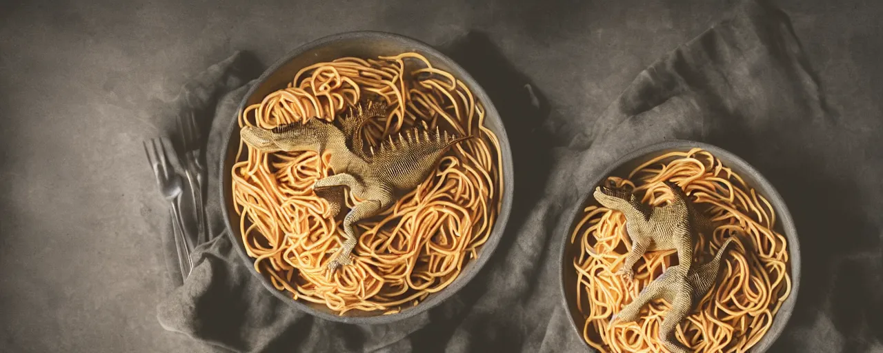 Image similar to dinosaurs living inside a bowl of spaghetti, canon 5 0 mm, cinematic lighting, photography, retro, film, kodachrome