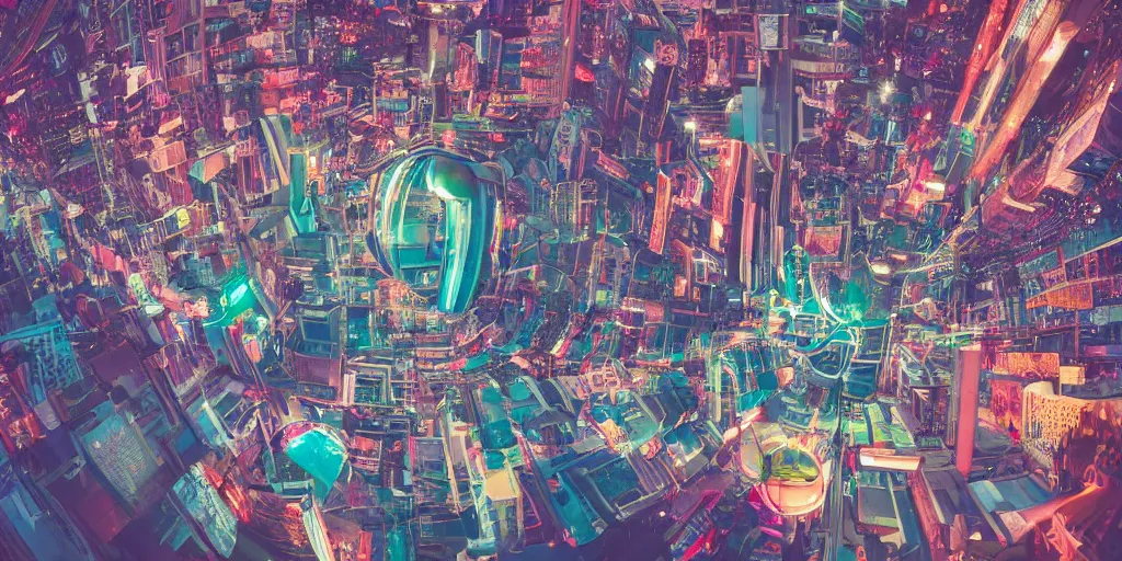 Prompt: Bustling vivid utopian city reimagined by Max Hay, fisheye lens!!!, 100mm photography, trending on artstation, 4k, 8k, lens distortion, chromatic aberration, soft focus blur, photorealistic imagery, photorealistic details, intricate, highly detailed