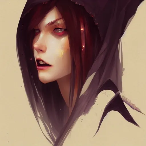 Image similar to female human vampire witch in the style of greg rutkowski, makoto shinkai, trending on artstation, character design, concept art, pretty face, highly detailed, long black hair, portrait, digital art