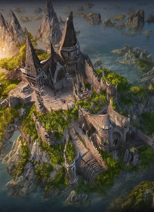 Image similar to bird point of view of castle, ultra detailed fantasy, elden ring, realistic, dnd, rpg, lotr game design fanart by concept art, behance hd, artstation, deviantart, global illumination radiating a glowing aura global illumination ray tracing hdr render in unreal engine 5