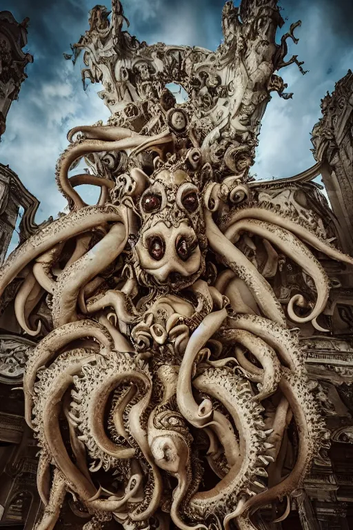 Image similar to a spectacular wideangle shot of a giant scary rococo octopus queen, award winning photography