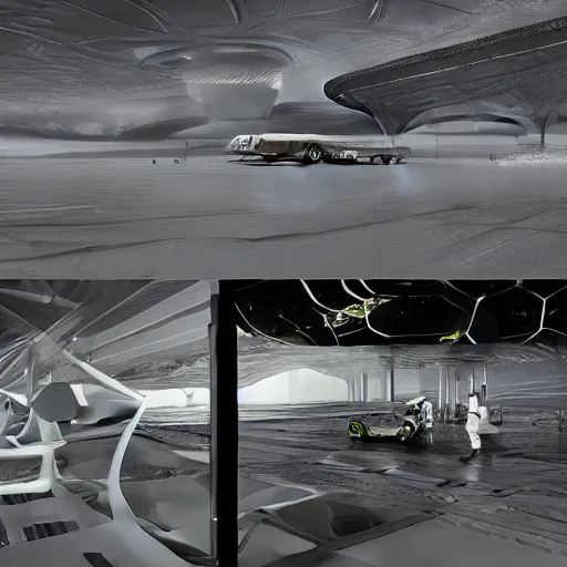 Image similar to sci-fi airport on moon with medium size man walking and digital billboard in the middle oily gloss reflection with organic forms in liquid and oil on the coronation of napoleon painting, with black background. unreal engine 5, keyshot, octane, artstation trending, by Zaha Hadid architects, by Matrix film color, high contrast pinterest black plastic, dark atmosphere pinterest tilt shift, 4k, 8k, 16k.