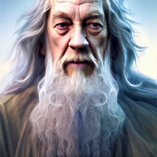 Image similar to selfie of gandalf, fine detailed face, long curly hair, stunning 3 d render inspired art by greg rutkowski and xiang duan and thomas eakes, realistic, highly detailed attributes and atmosphere, dim volumetric cinematic lighting, 8 k octane detailed render, post - processing, masterpiece, golden hour, soft focus