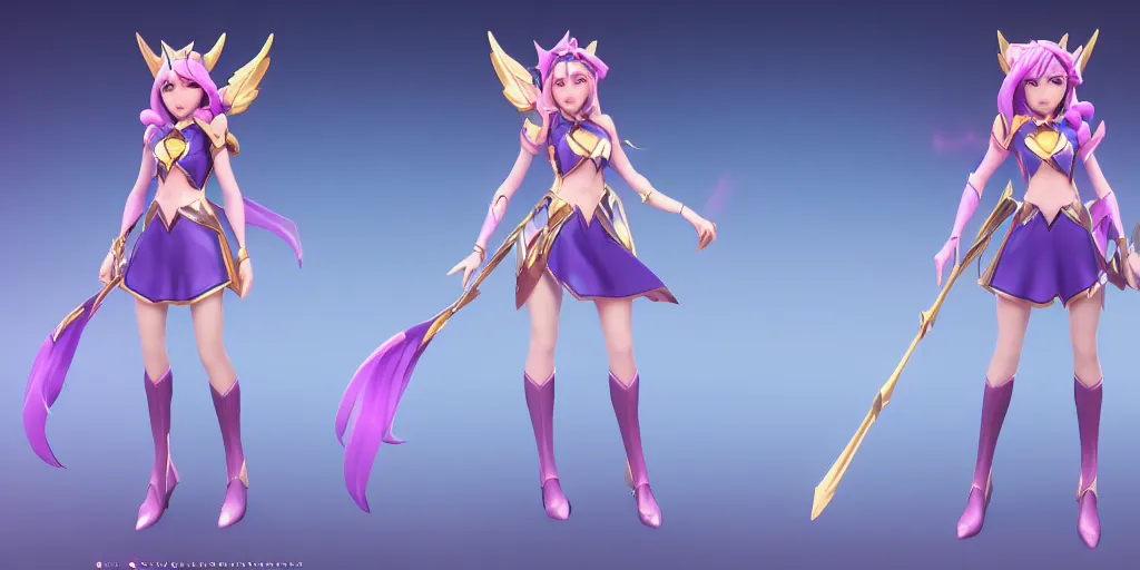 Image similar to character sheet of Star Guardian Caitlyn (League of legends). 3d render, trending on artstation, unreal engine 5, 8k resolution