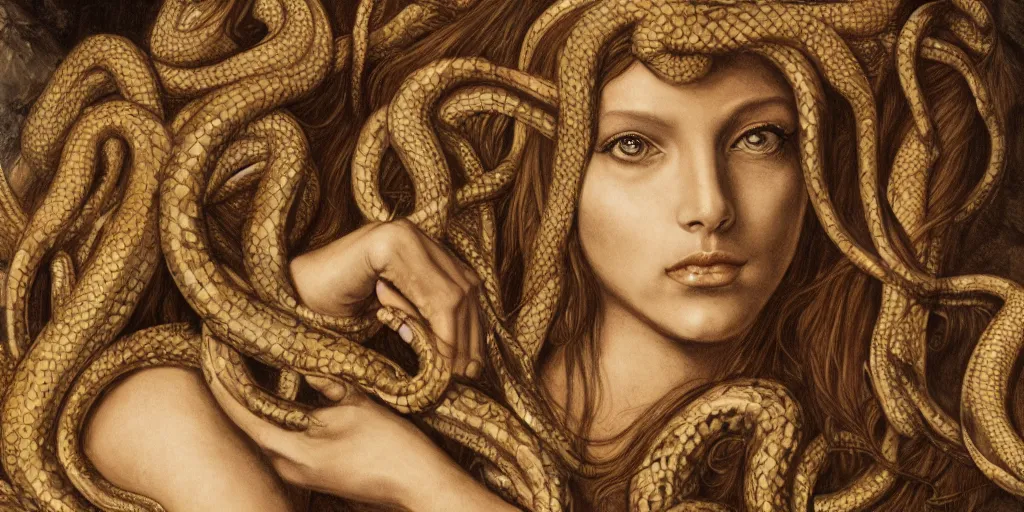 Image similar to realistic portrait of medusa with her snakes, golden, delicate, hyper realism, 1 4 5 0, ink, ultra realistic, 8 k