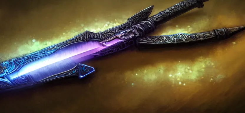 Image similar to legendary cybernetic sword lying flat on a glowing table with a long sharp black and iridescent sword blade, digital award winning hd matte painting, intimate dark moody, intricate, ornate spikes, colorful hilt, detailed realistic, raytraced blade, colored gems, future golden technological pommel, in the style of greg rutkowski and krenz cushart, deviantart
