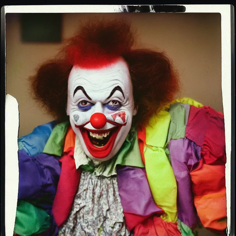 Prompt: color photo of the world's happiest clown, weathered polaroid, circa 1 9 8 6, technicolor, archival quality image, photograph scanned by