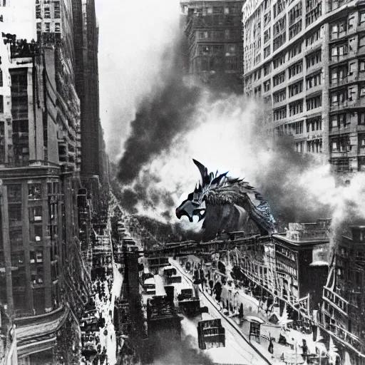Image similar to old black and white photo, 1 9 1 3, depicting a kaiju rampaging through the bustling streets of new york city, historical record