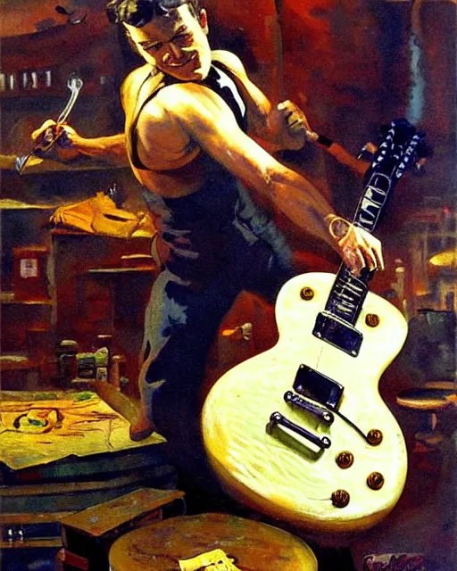 Image similar to Snake Oil salesman shredding on a Gibson Les Paul in a snake oil warehouse, painting by Frank Frazetta