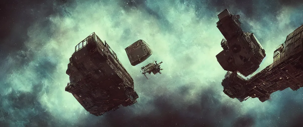 Image similar to tiny spaceship, deep space exploration!!!, flying, the expanse tv series, industrial design, the final frontier, illustrative!!, punk!!!, space pirate, painterly, hyperdetailed, hyperrealistic, utilitarian cargo ship, underexposed, cinematic lighting, 4k, wide angle, beksinski