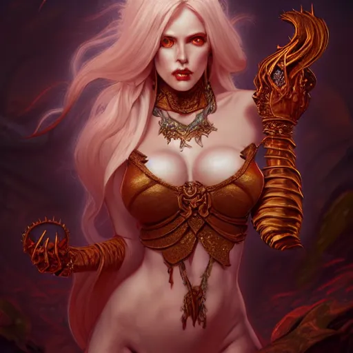 Prompt: demoness, female, d & d, fantasy, intricate, elegant, highly detailed, digital painting, artstation, octane render, concept art, matte, sharp focus, illustration, hearthstone, art by artgerm and steve argyle and alphonse mucha and johannes voss