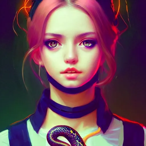 Image similar to longshot of a pretty girl wearing a black choker holding a snake, intricate, bright colors, sharp focus, illustration, highly detailed, concept art, matte, trending on artstation, anime, art by wlop and artgerm and greg rutkowski, ilya kuvshinov, strong strokes, h 6 4 0