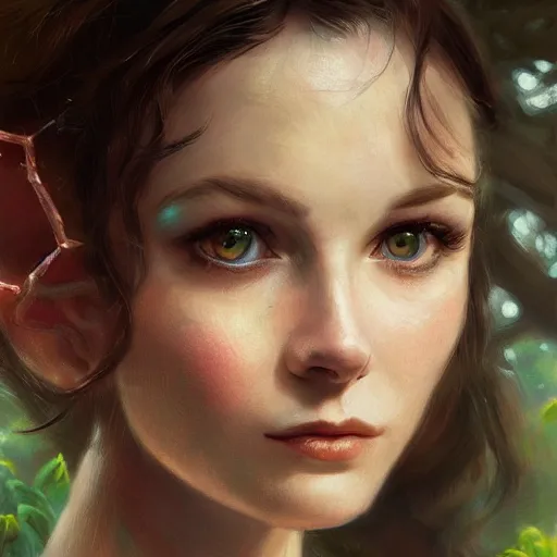 Prompt: closeup portrait of a young vivian leigh with elf ears, forest background, megacity, high fantasy, gorgeous view, depth, high detail, digital art, painted by greg rutkowski, trending on artstation