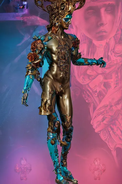 Image similar to a young handsome Latino prince in a full-body bronze cyberpunk style statue of Icarus with glowing blue eyes, crown of peach roses, flowing teal-colored silk, fabric, flowers. baroque elements, human skull. full-length view. baroque element. intricate artwork by caravaggio. many many birds birds on background. Trending on artstation, octane render, cinematic lighting from the right, hyper realism, octane render, 8k, depth of field, 3D