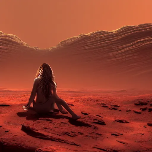 Image similar to Still of a woman with gorgeous flowing hair on Mars, sitting on a Martian rock, reddish atmosphere with detailed highlights, dark gloomy sky cascading upon the atmosphere, well-detailed ornate Martian mountains in the background, trending on artstation, 4k, 8k